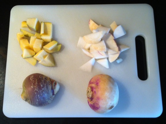Rutabaga on the left, turnip on the right.